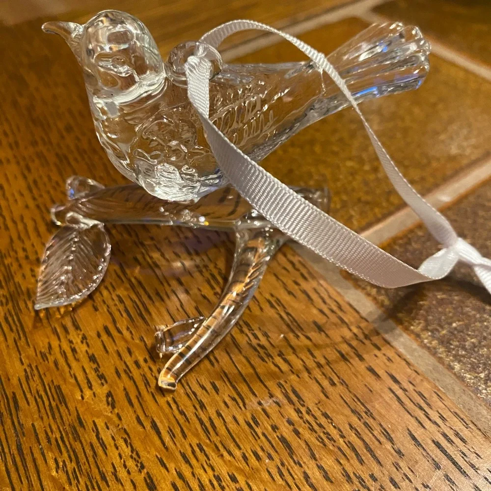 Clear Glass Bird Ornament on Branch - Decorative Hanging Bird